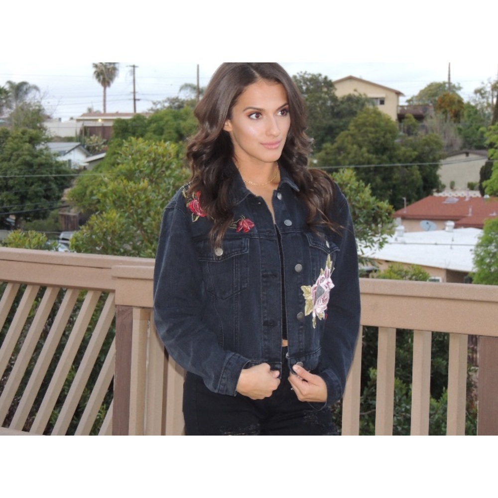 Rose Floral Embroidered Black Jean Jacket.